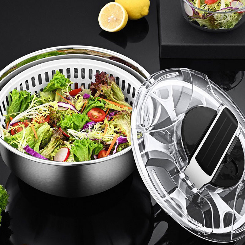 Salad Spinner - Salatschleuder aus Edelstahl, manueller Presstyp, Gemüseschleuder,