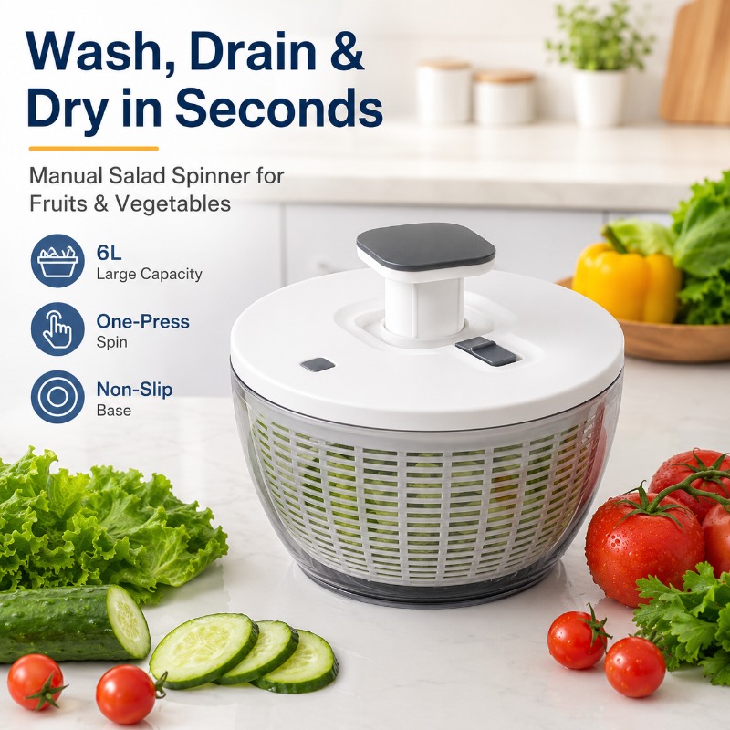 Salad Spinner - Großer 6L Salatschleuder-Gemüsewäscher mit manueller Presse,